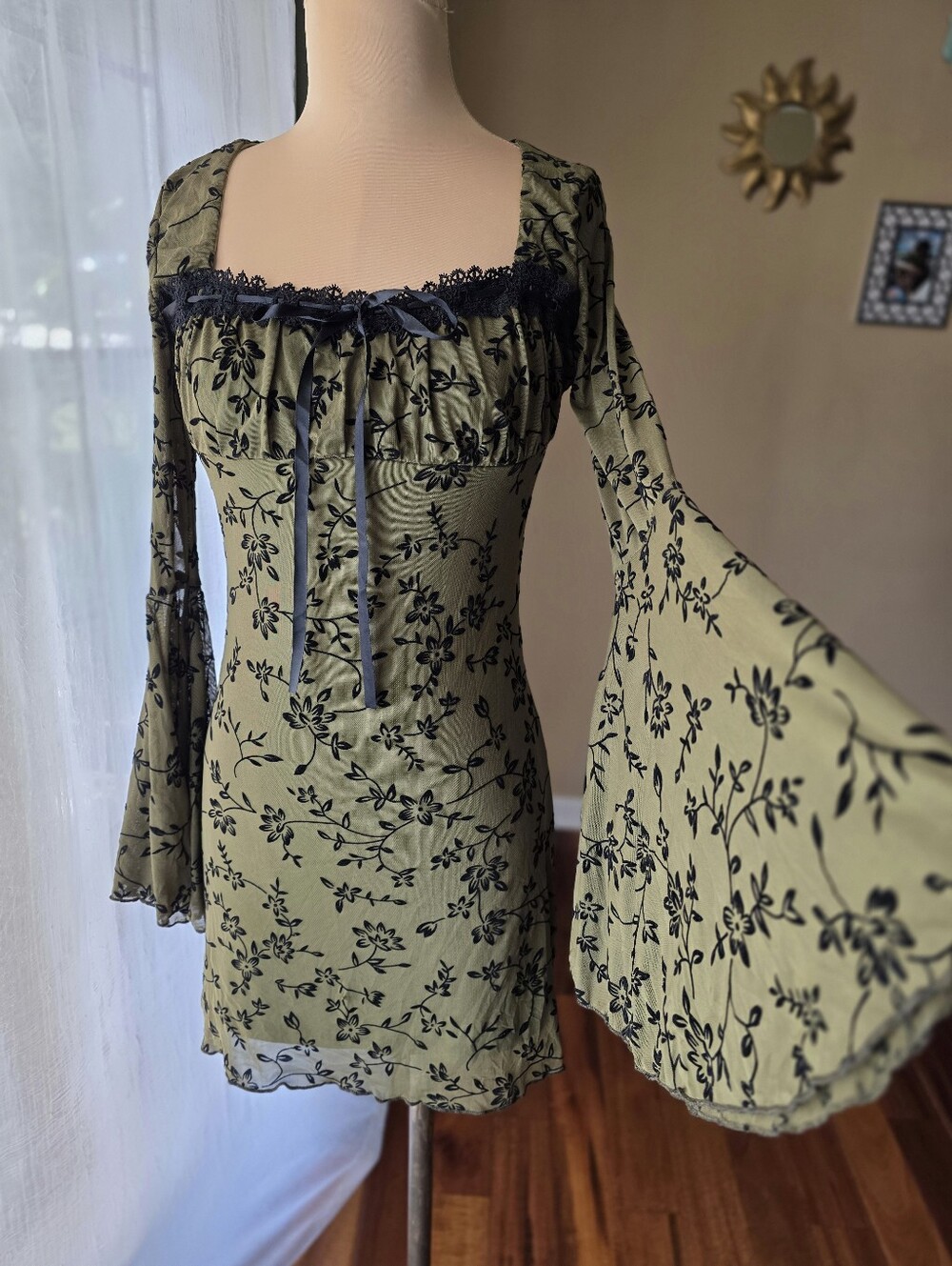 Y2K Olive Green Flocked Floral Mesh Bell Sleeve Mini Dress Lace Bow Medium